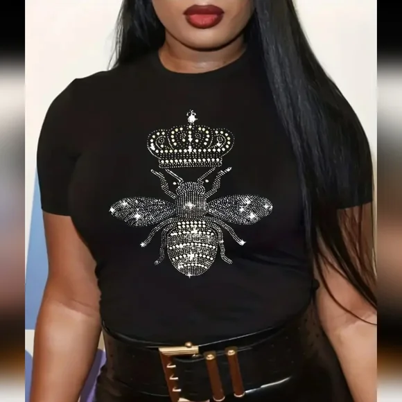 *SOLD* QUEEN BEE Crystal Beaded Black Fitted Tee Crown Bee Sz XXL (14) - Picture 2 of 8